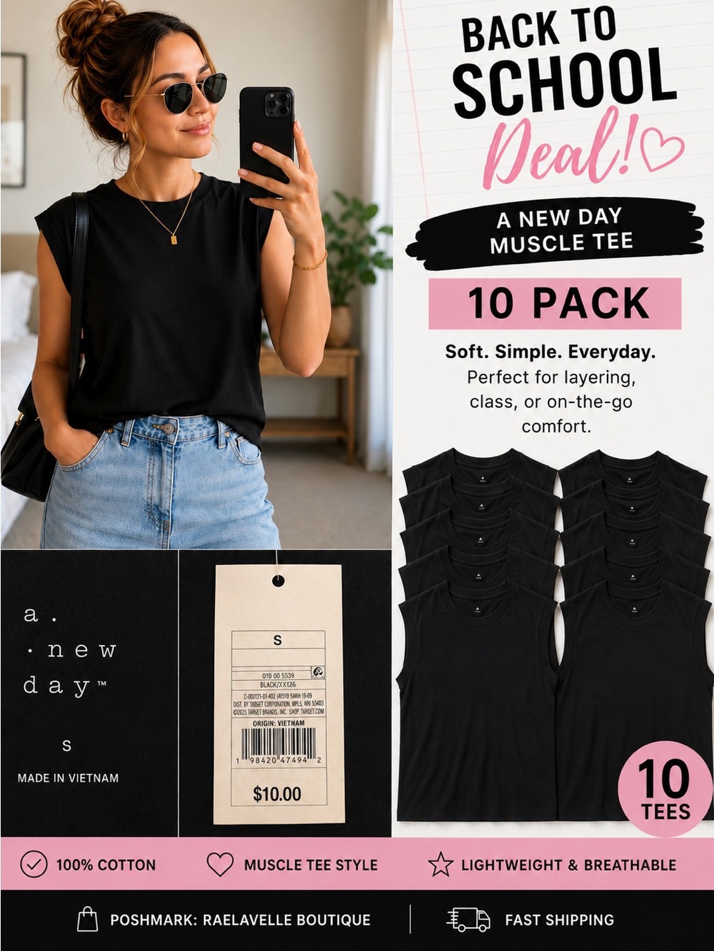 Target Brand “A New Day” 100 % cotton Black Muscle 10 Pack - Sleeveless Cotton
